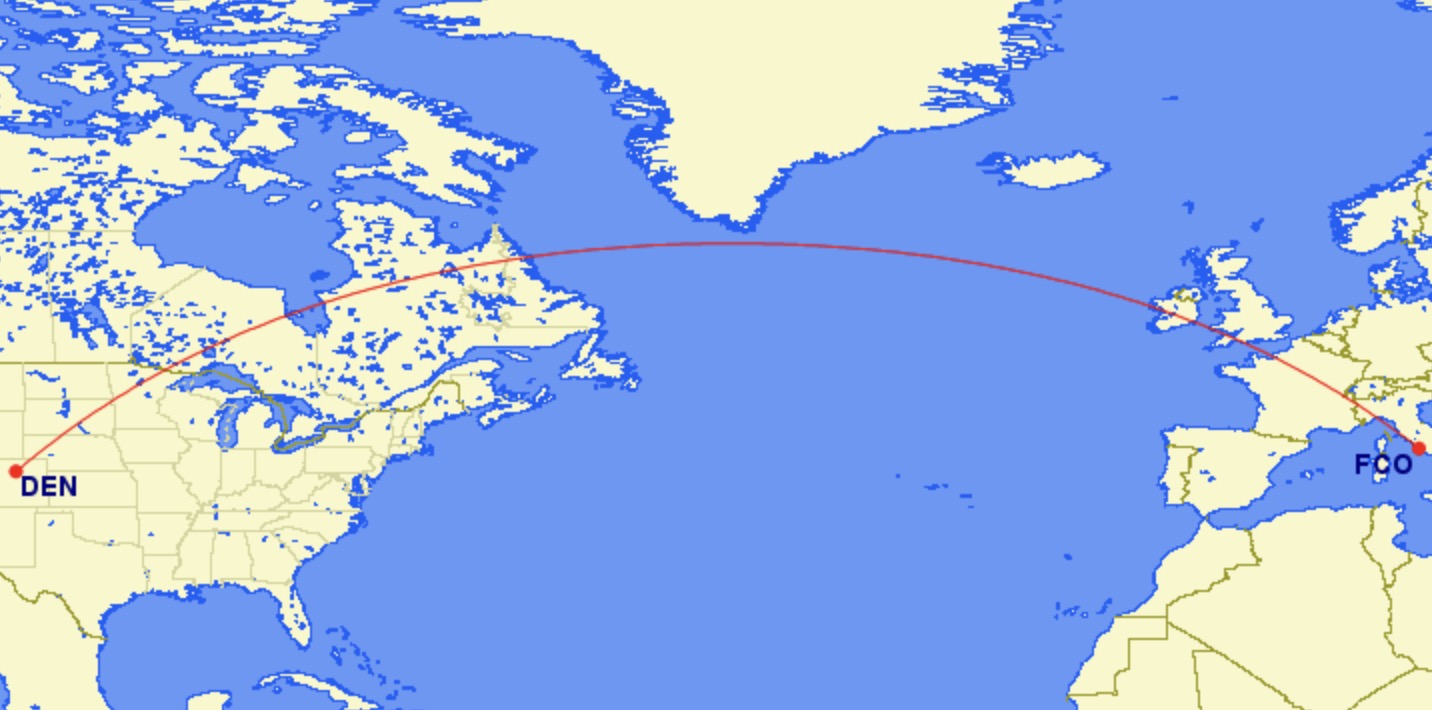 Denver to Rome flight path on a blue map of the globe. 